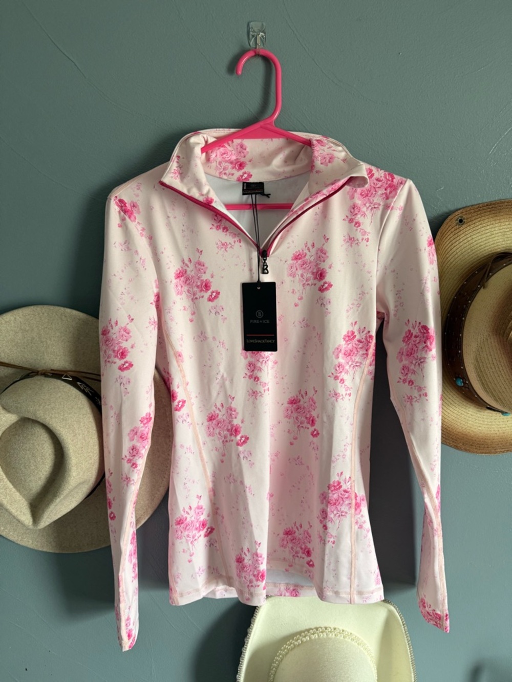 LoveShackFancy x Bogner Fire+Ice Pink Floral Half-Zip Long Sleeve Top